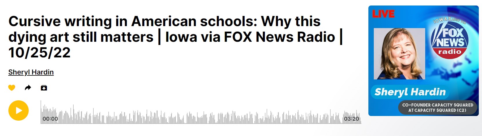 Fox News iHeart Radio Cursive writing in American Schools with Sheryl Hardin